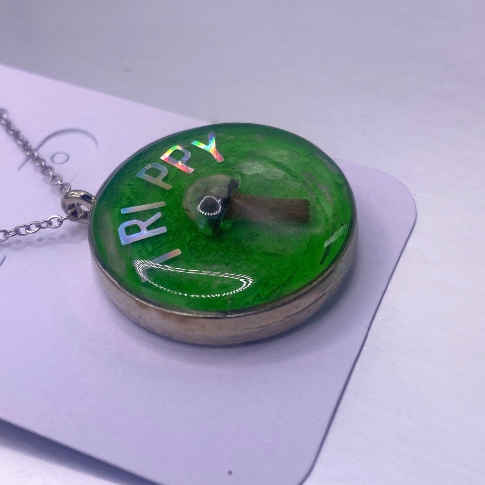 11 inch “Trippy” Green Mushroom Necklace, Psychedelic Jewelry Silver Chain